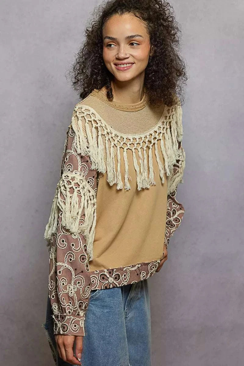 POL Contrast Floral Embroidery Balloon Sleeve Top with Tassel Trim WESTCLOSET