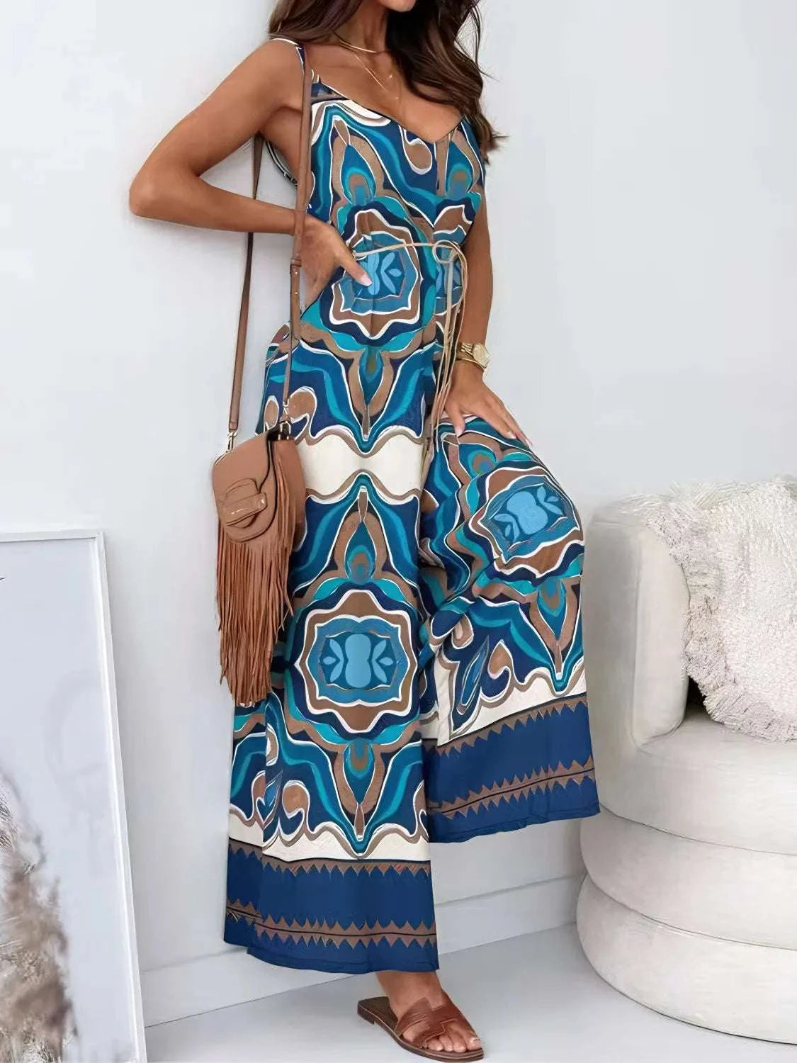 Printed V-Neck Wide Leg Jumpsuit WESTCLOSET