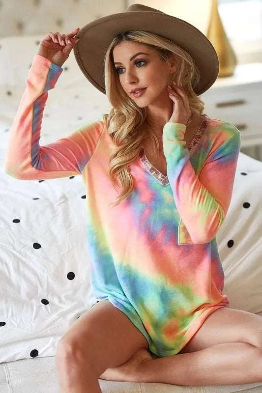 BiBi Tie Dye V-neck Terry Knit Top With Sequins WESTCLOSET