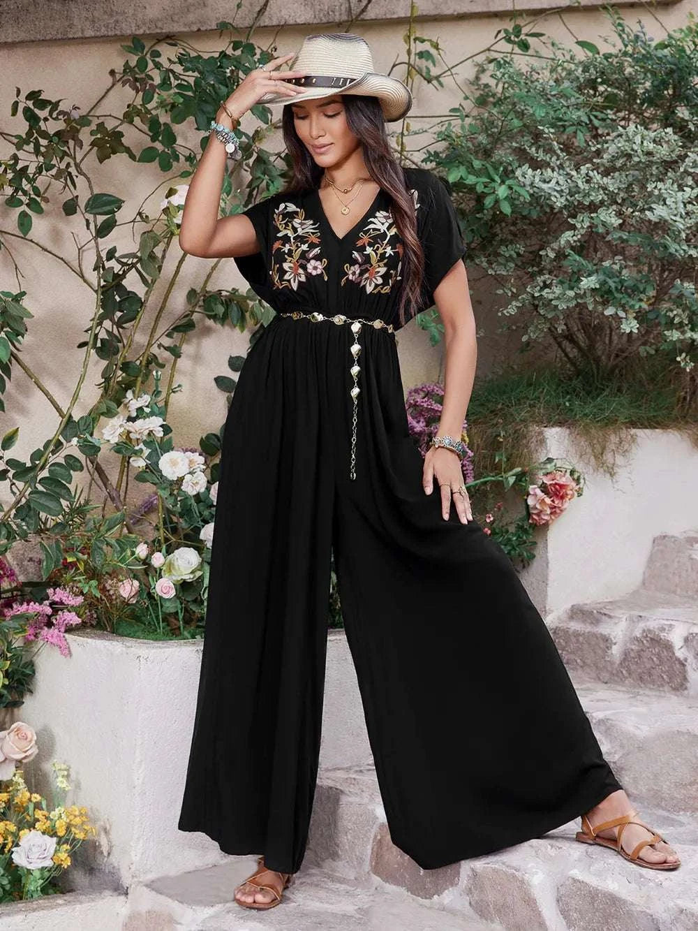 Embroidered Ruched Short Sleeve Jumpsuit WESTCLOSET