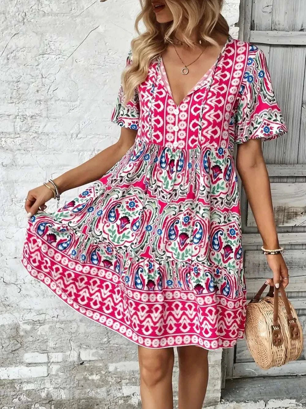 Printed Tie Neck Short Sleeve Dress WESTCLOSET
