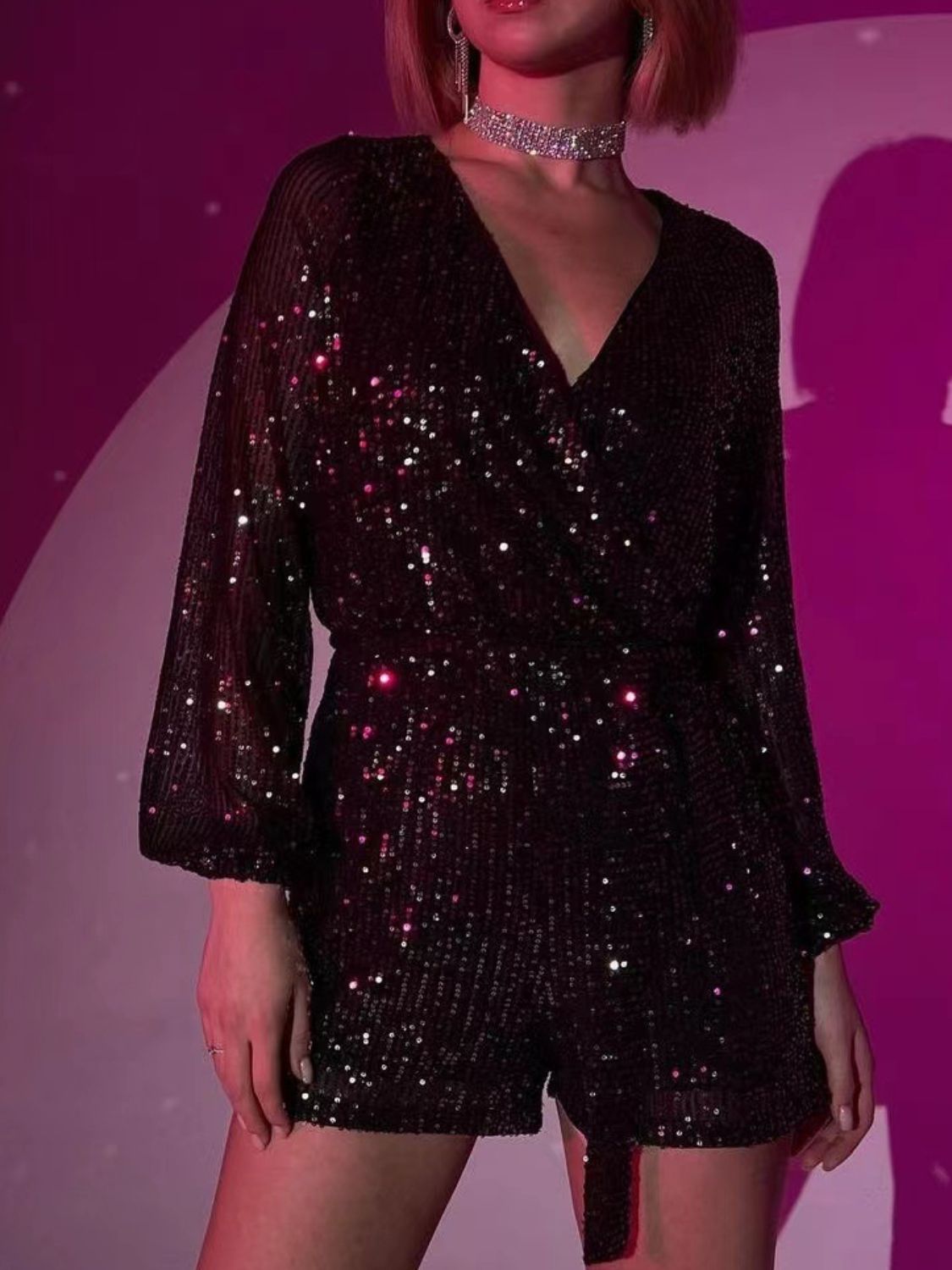 WestCloset Full Size Sequin Surplice Tie Waist Long Sleeve Romper 