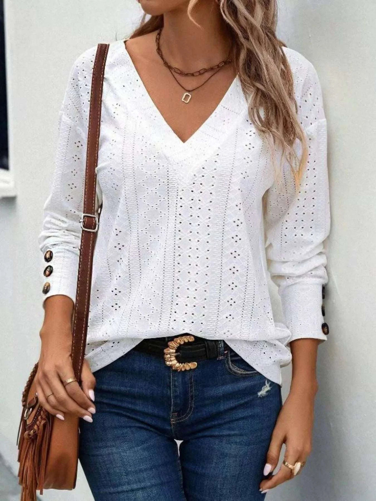 Eyelet V-Neck Long Sleeve T-Shirt WESTCLOSET