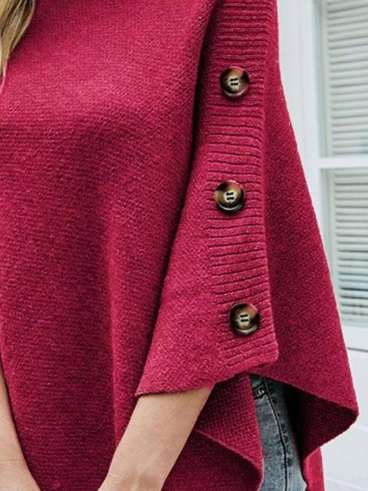 Button-Decor Turtleneck Poncho Pullover WESTCLOSET