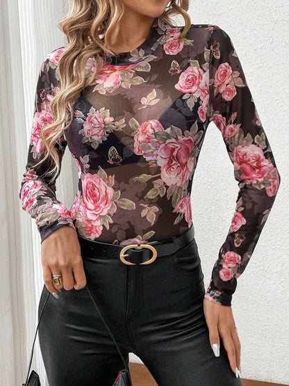 Mesh Floral Mock Neck Long Sleeve Top WESTCLOSET