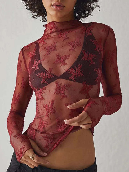 Lace Mock Neck Long Sleeve Blouse WESTCLOSET