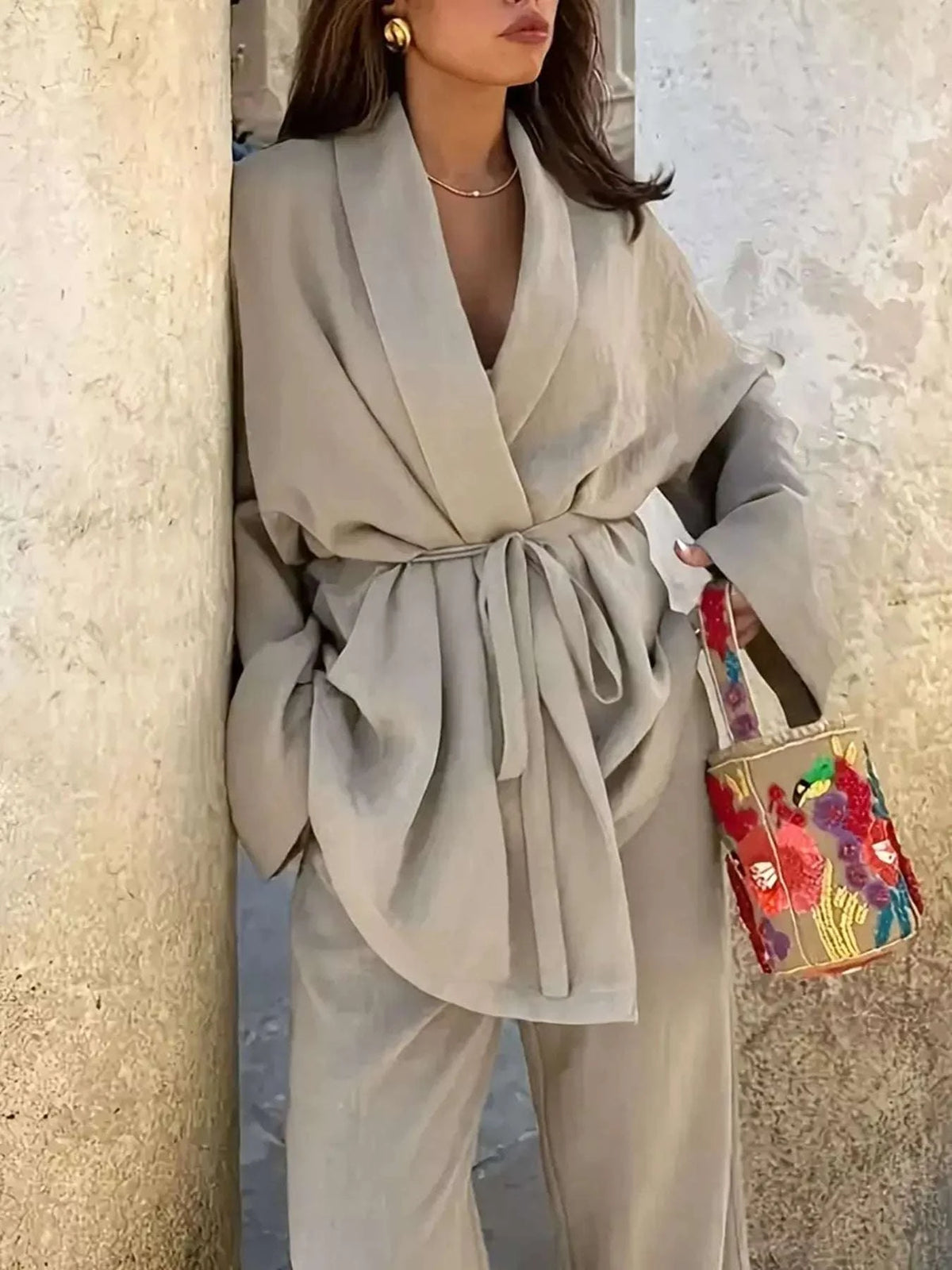 Plus Size Belt Long Sleeve Blazer and Pants Set WESTCLOSET