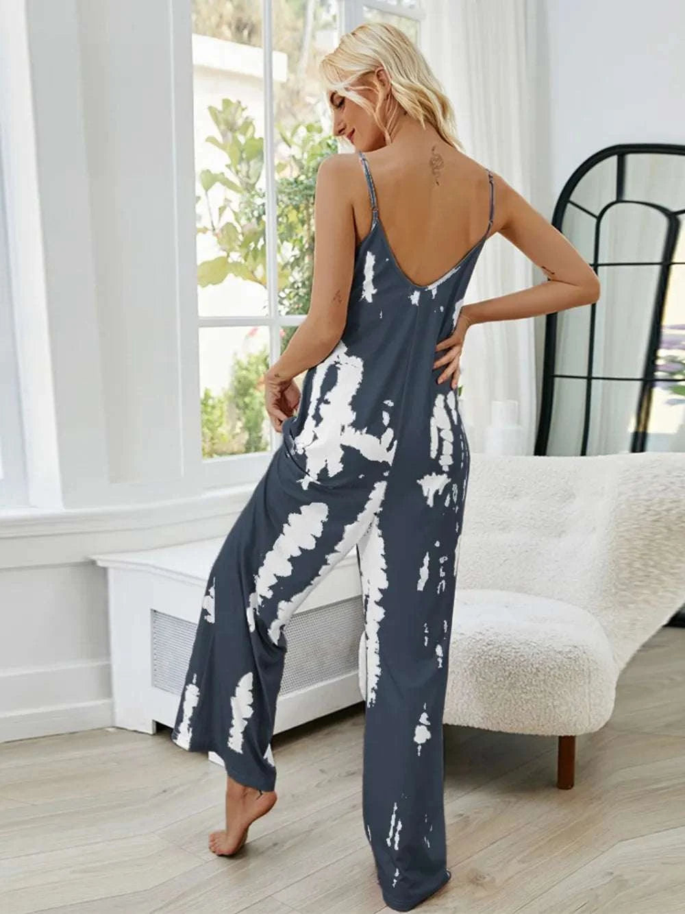 Shiny Tie-Dye Spaghetti Strap Jumpsuit with Pockets WESTCLOSET