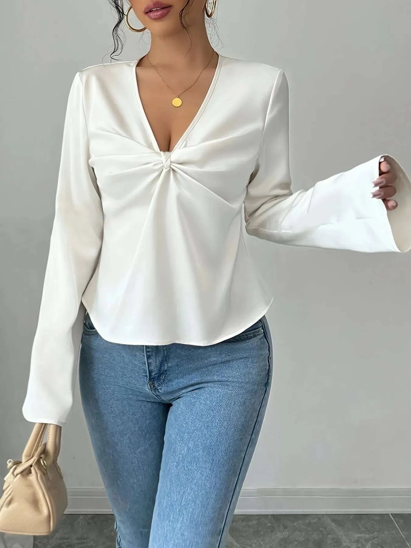 V-Neck Twist Front Long Sleeve Blouse WESTCLOSET