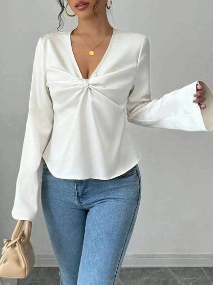 V-Neck Twist Front Long Sleeve Blouse WESTCLOSET