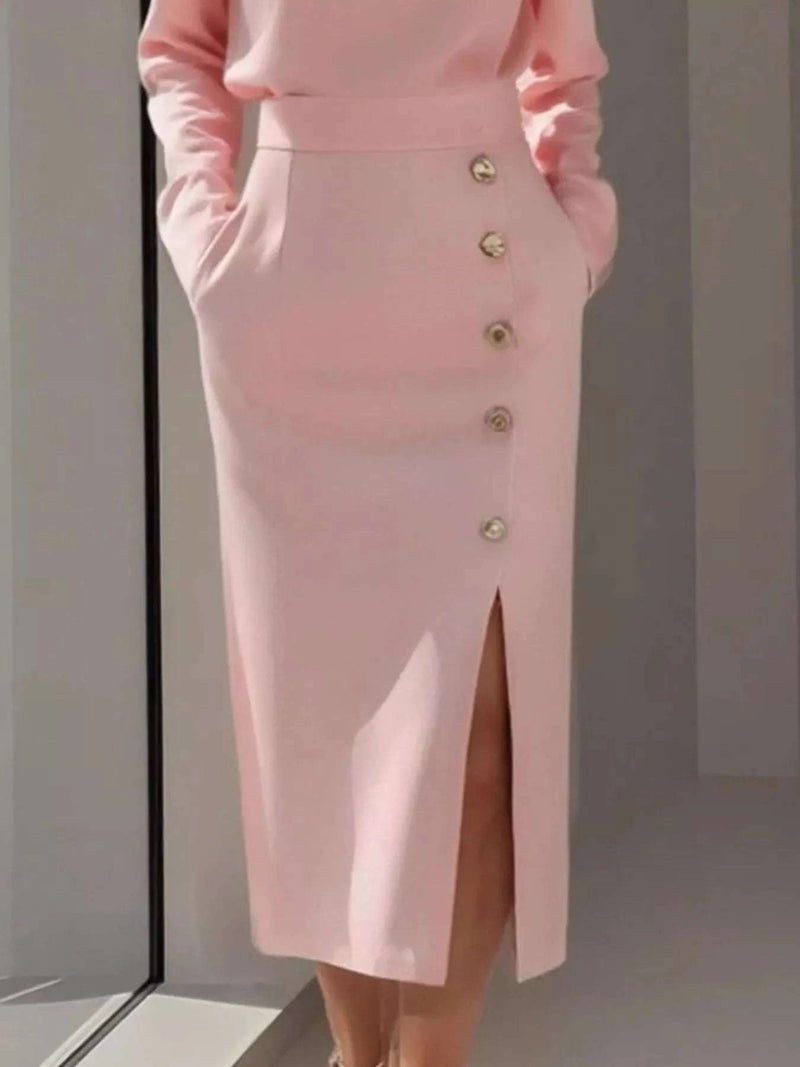 Long Sleeve Button Detail Midi Dress with Side Slit WESTCLOSET