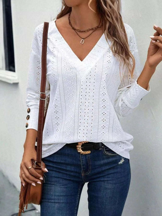 Eyelet V-Neck Long Sleeve T-Shirt WESTCLOSET
