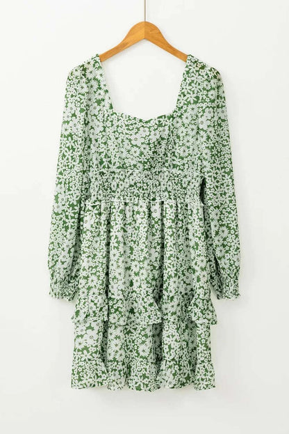 Ruffle Hem Floral Square Neck Long Sleeve Dress WESTCLOSET