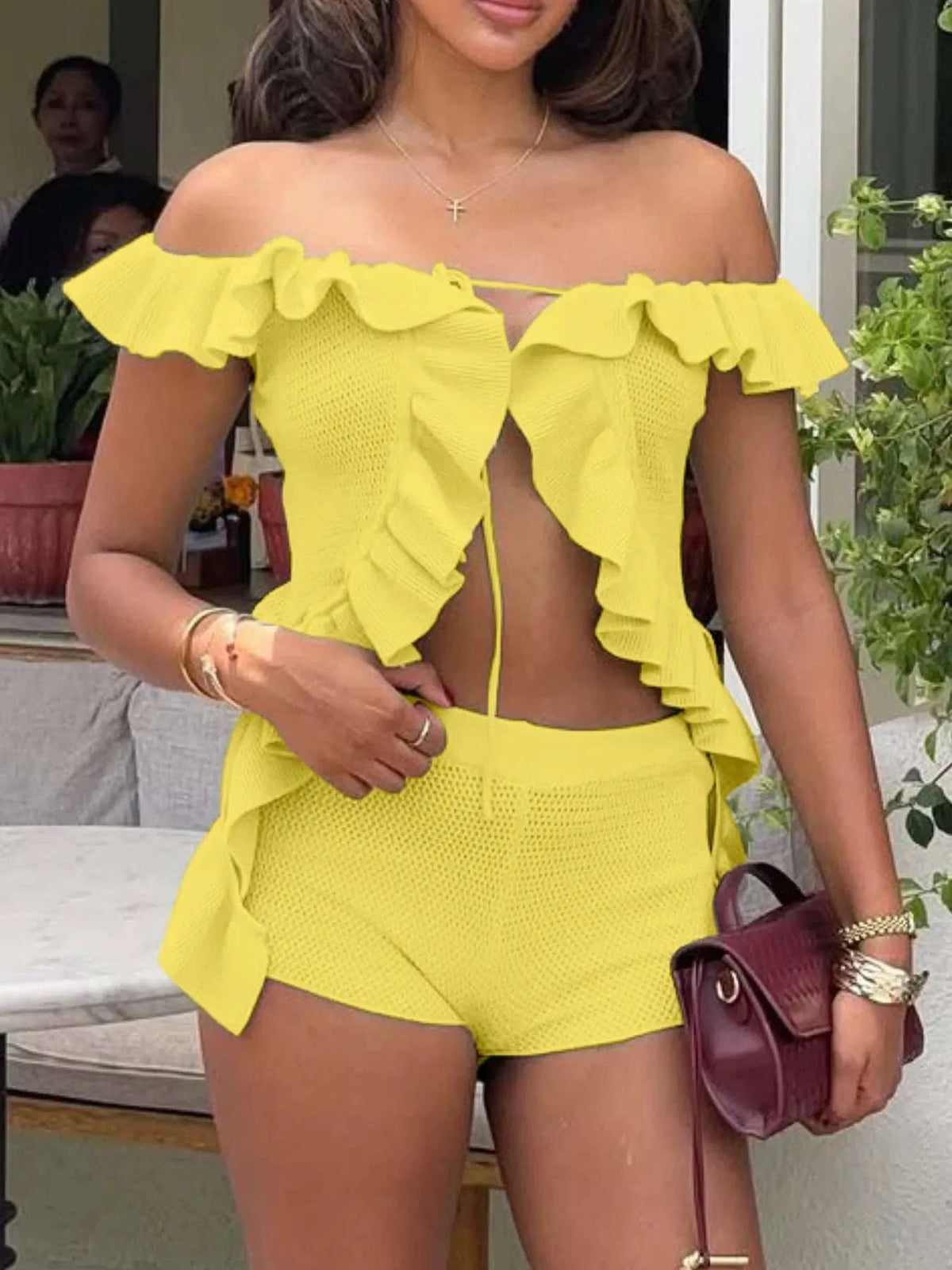 Off-Shoulder Ruffle Top and Shorts Sweater Set WESTCLOSET