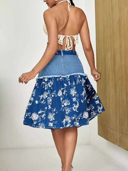 Floral Denim Skirt with Frayed Hem Detail WESTCLOSET