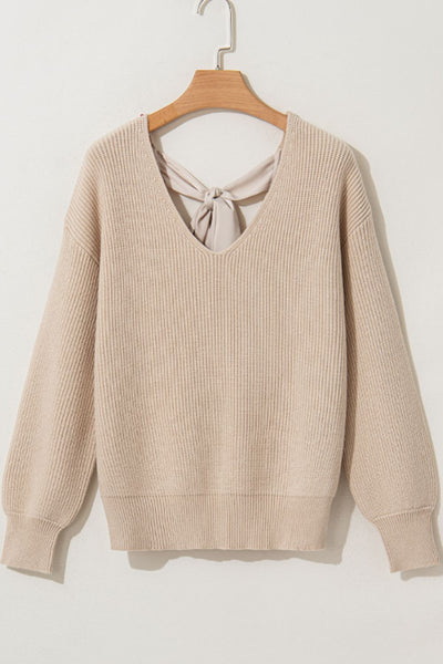 WestCloset Tied Back V-Neck Long Sleeve Sweater 