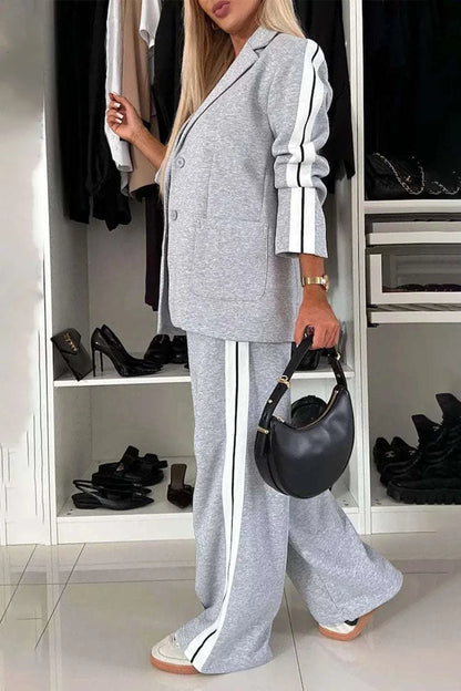 Full Size Contrast Lapel Collar Top and Pants Set WESTCLOSET