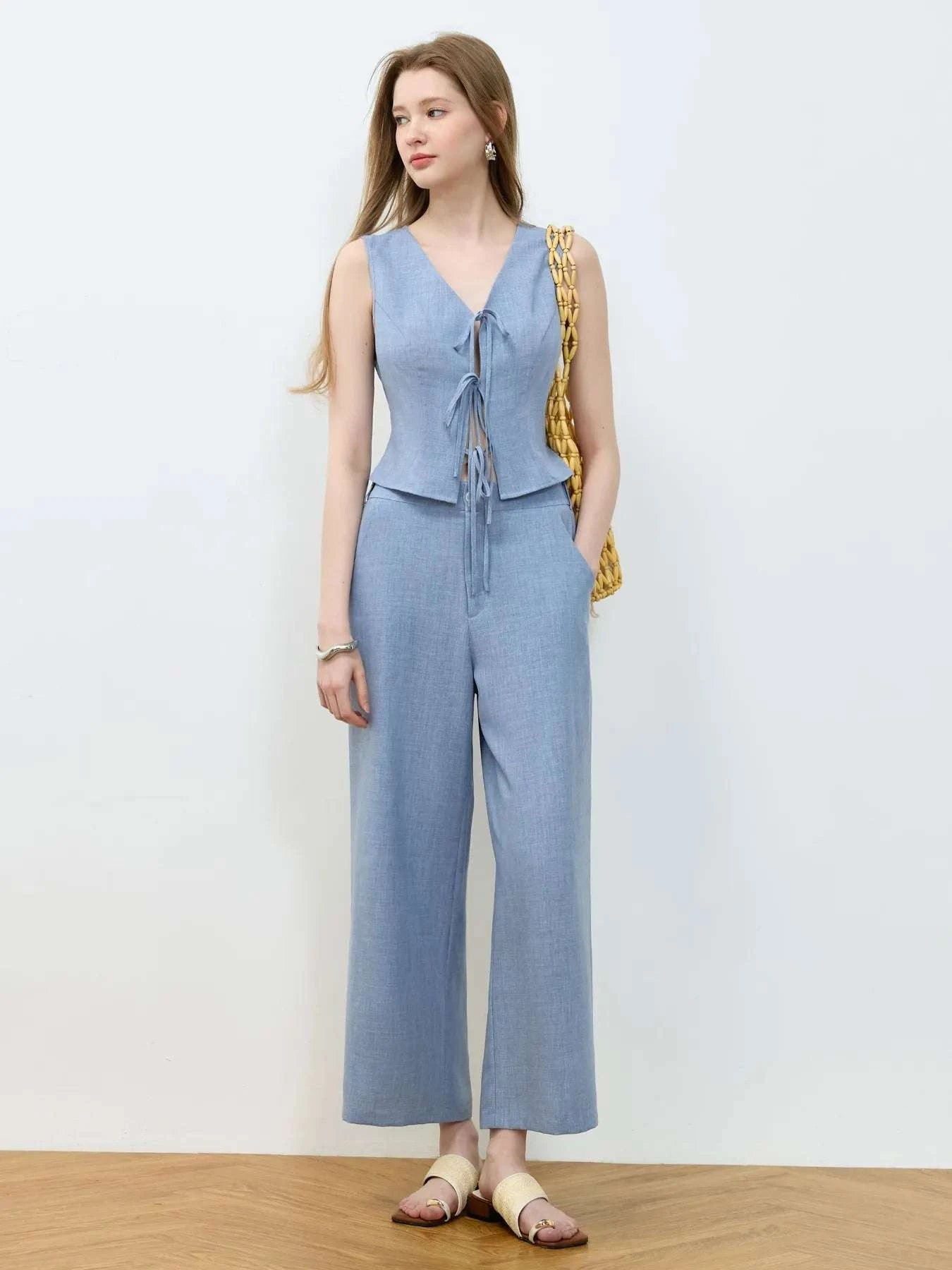 Tie Front Vest and Wide Leg Pants Set WESTCLOSET