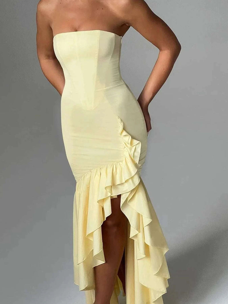 Strapless Ruffle High-Low Bodycon Dress WESTCLOSET