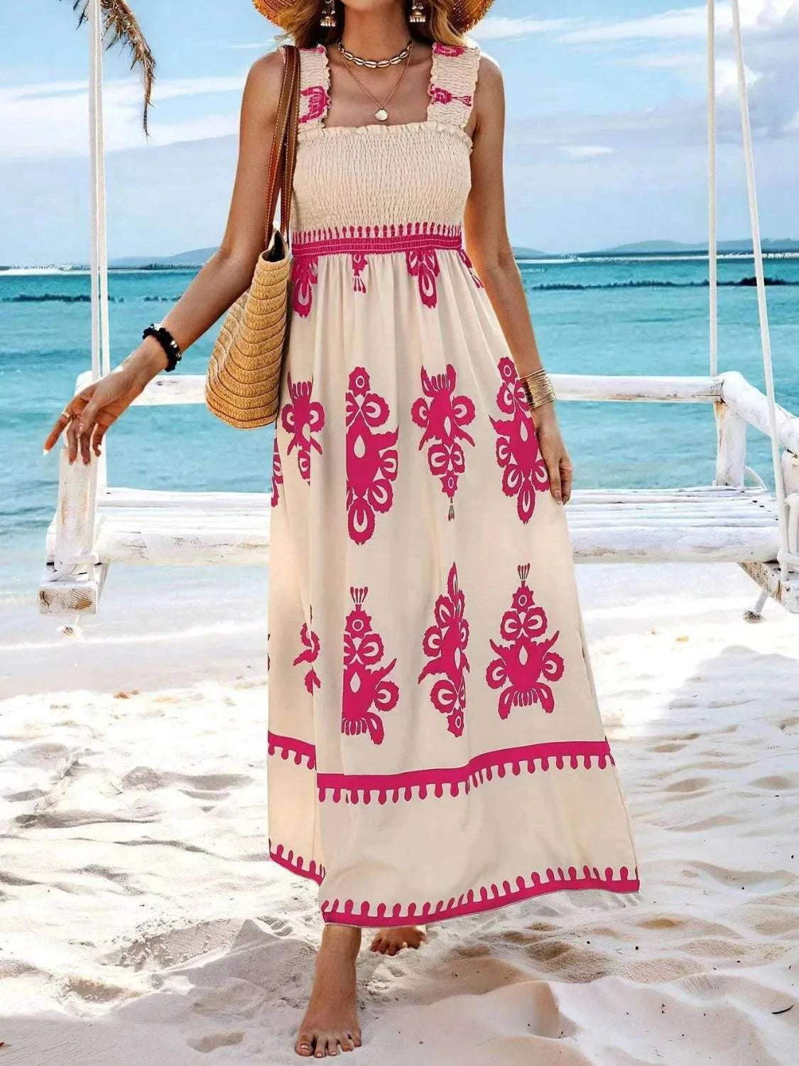 Smocked Printed Wide Strap Maxi Dress WESTCLOSET