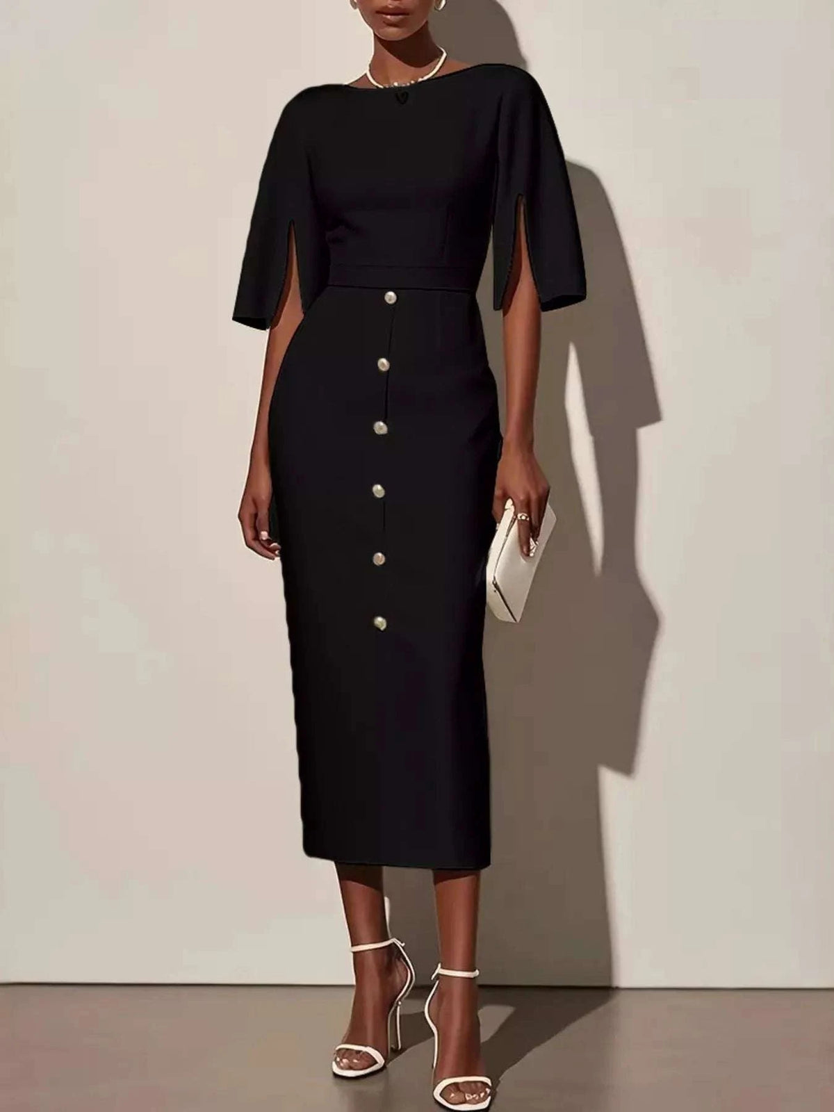 Slit Sleeve Midi Dress with Decorative Button WESTCLOSET