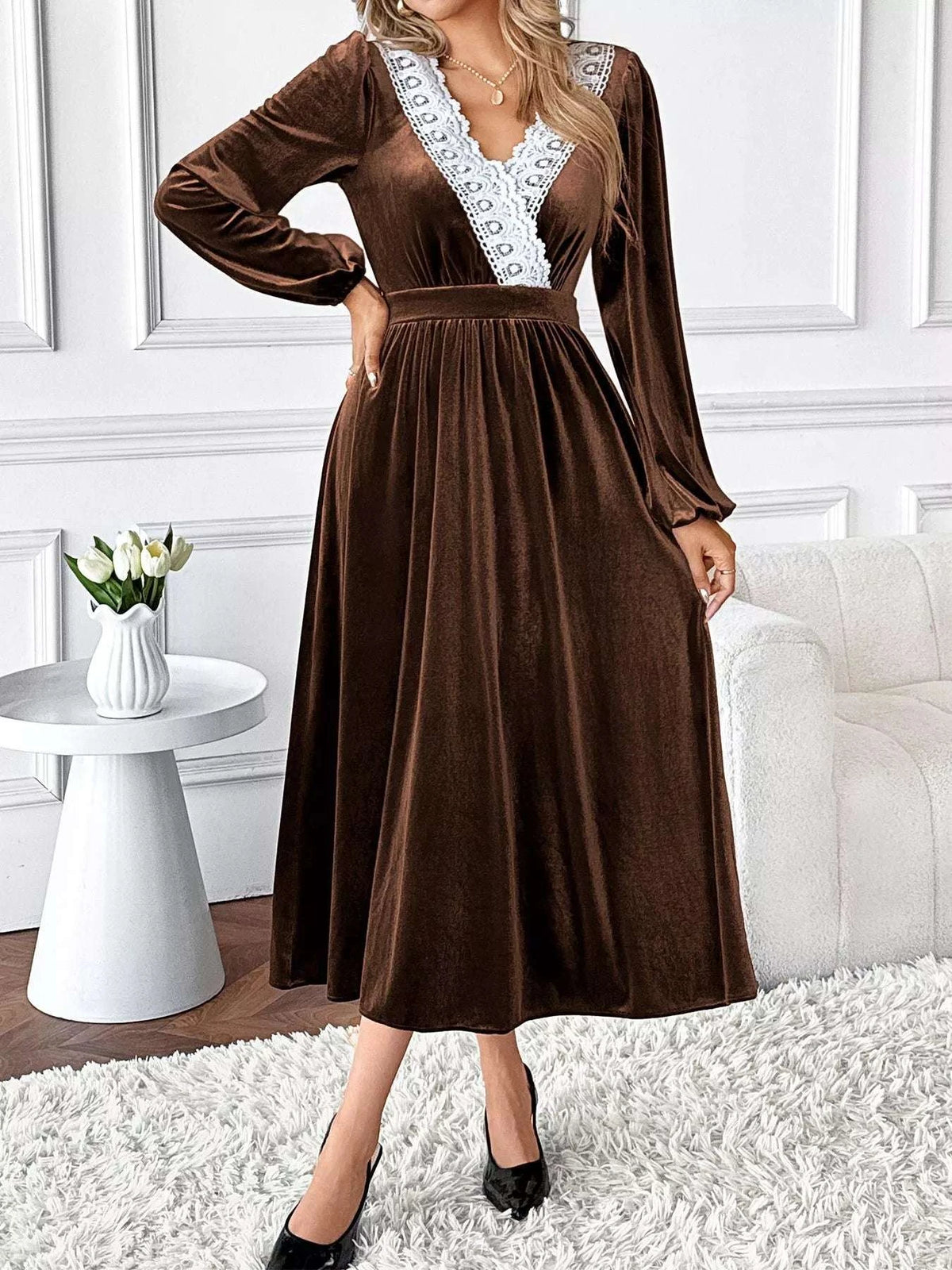 Velvet A-Line Dress with Lace Trim WESTCLOSET