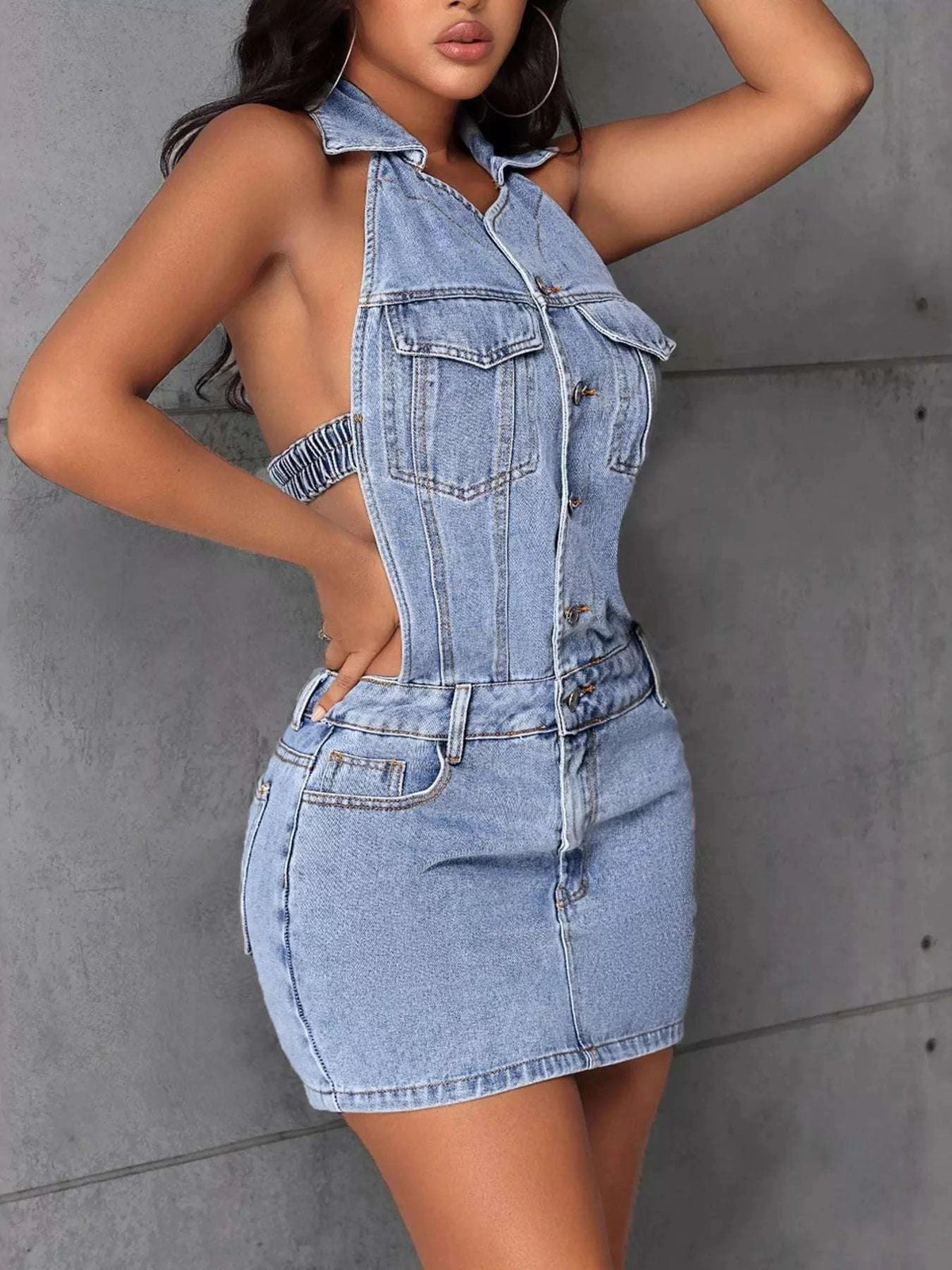 Backless Sleeveless Button Front Denim Mini Dress WESTCLOSET