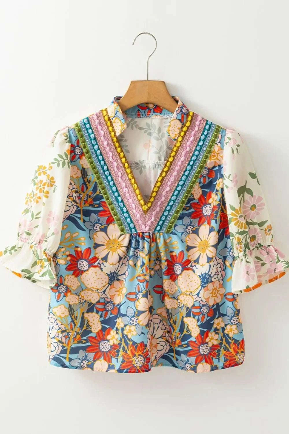 Multicolour Crochet V Neck Half Sleeve Boho Floral Blouse WESTCLOSET