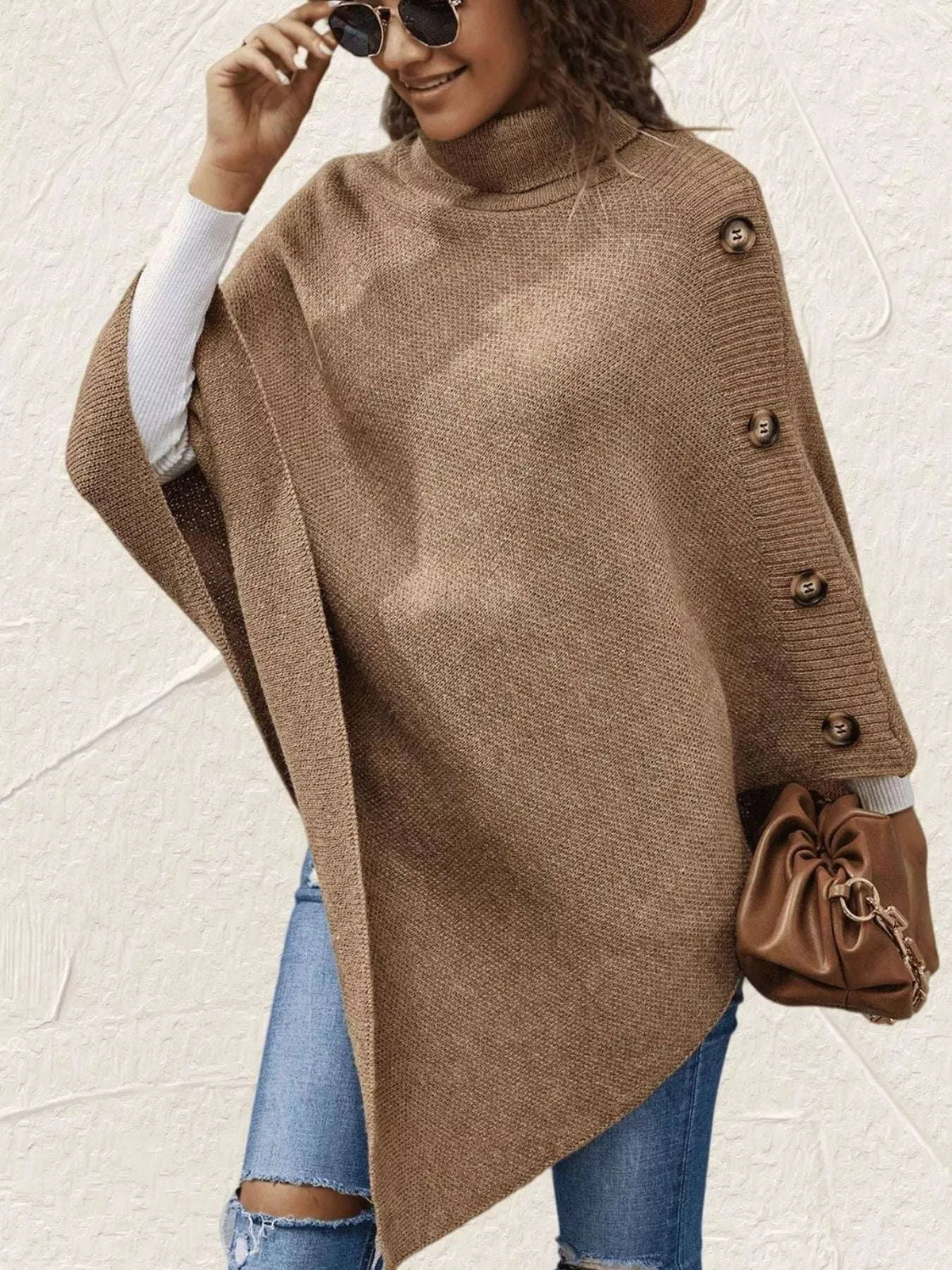 Button-Decor Turtleneck Poncho Pullover WESTCLOSET