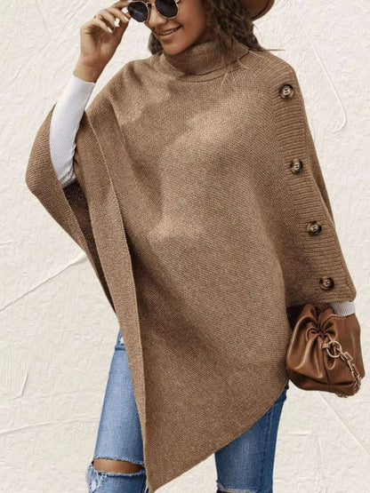 Button-Decor Turtleneck Poncho Pullover WESTCLOSET