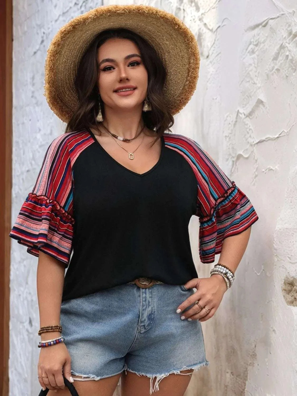 Plus Size V-Neck Flounce Sleeve Top WESTCLOSET