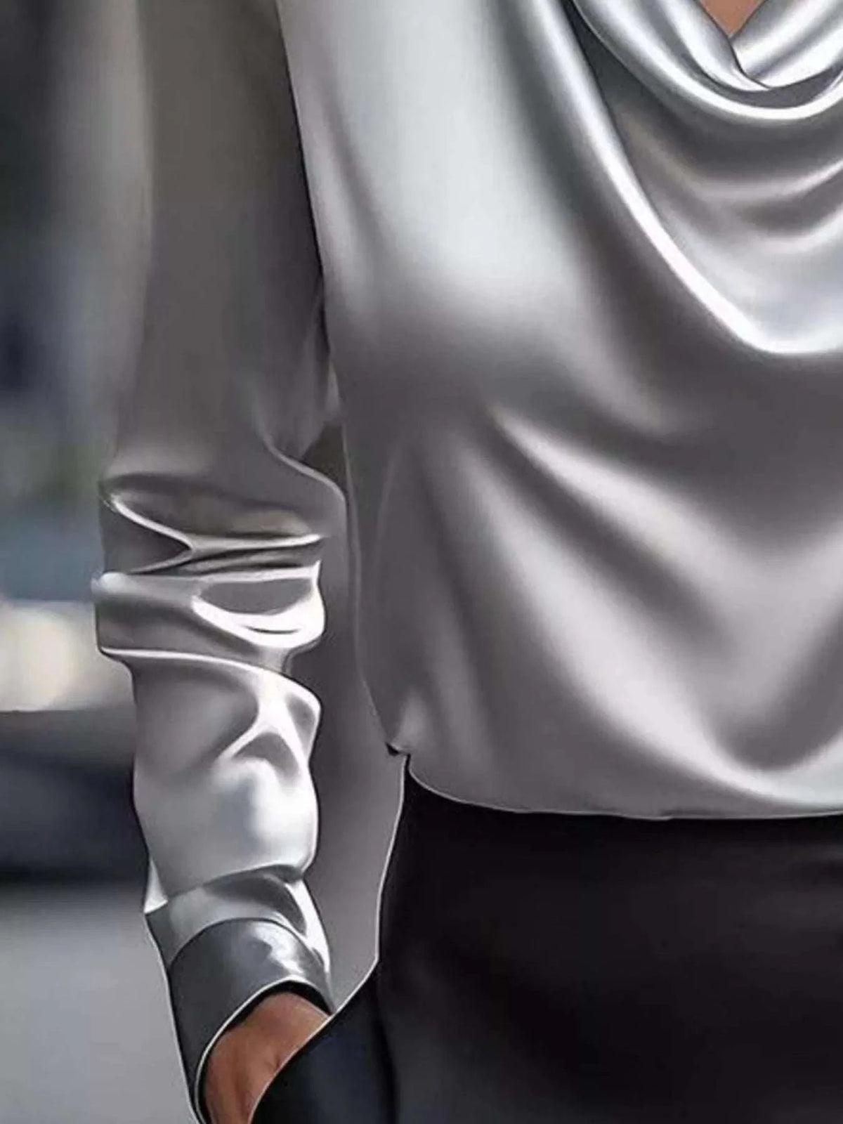 Full Size Satin Cowl Neck Long Sleeve Blouse Plus Size WESTCLOSET