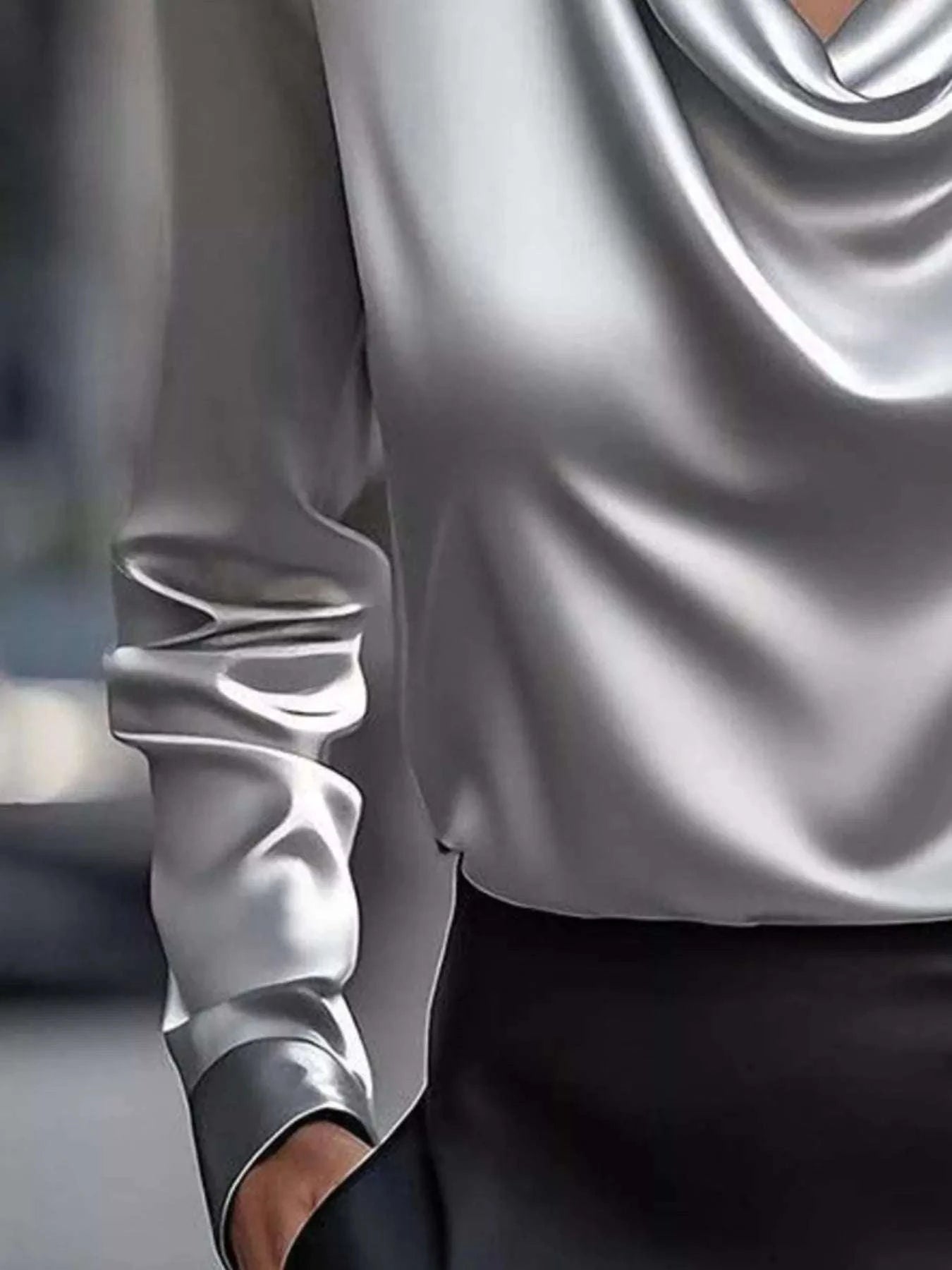 Full Size Satin Cowl Neck Long Sleeve Blouse Plus Size WESTCLOSET