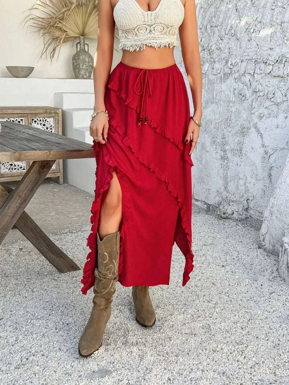 Devine Slit Drawstring Ruffled Skirt WESTCLOSET