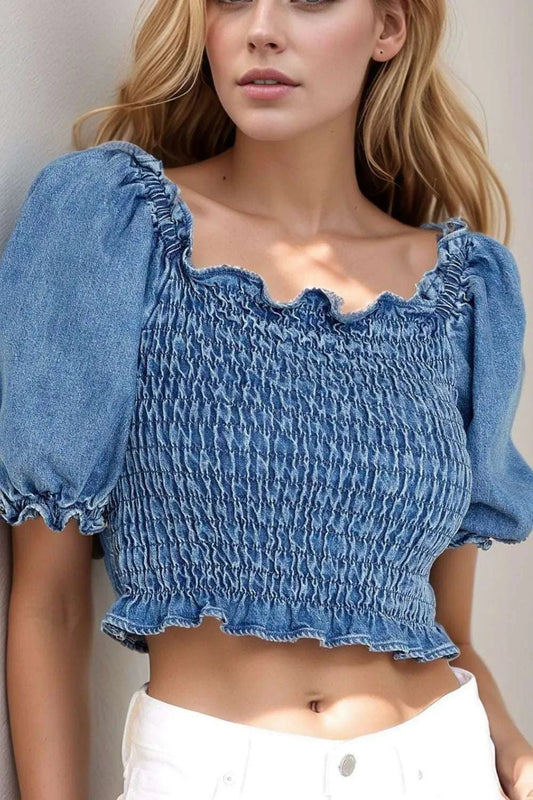 Puff Sleeve Smocked Cropped Denim Top WESTCLOSET
