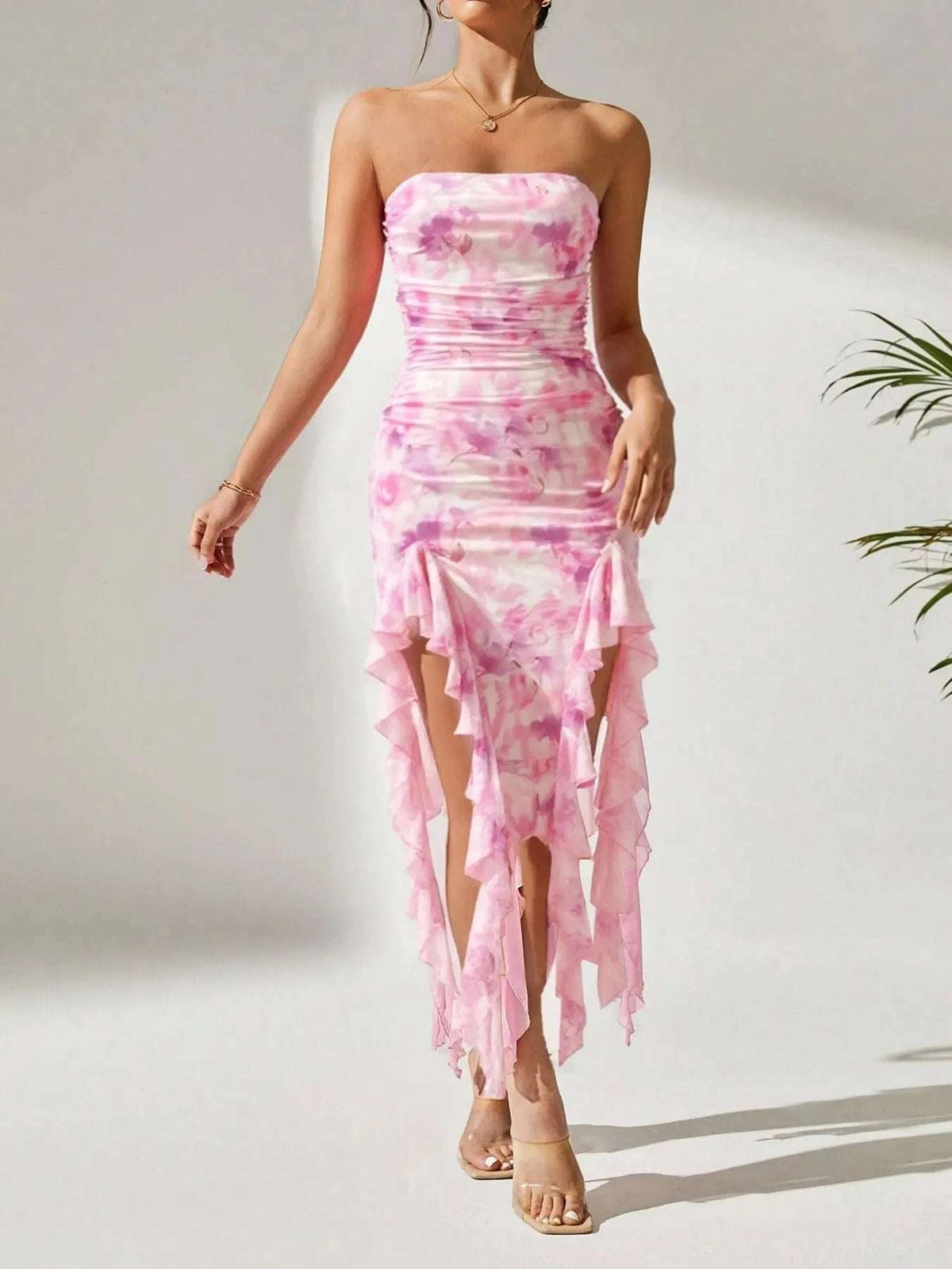 Tie-Dye Strapless Ruffle Hem Dress WESTCLOSET