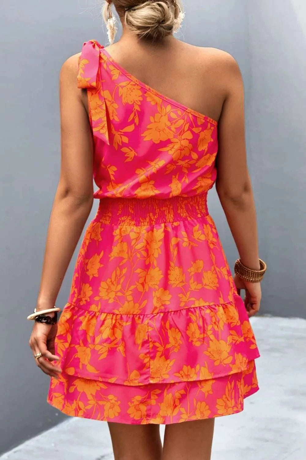 Tied Smocked Printed Single Shoulder Dress WESTCLOSET