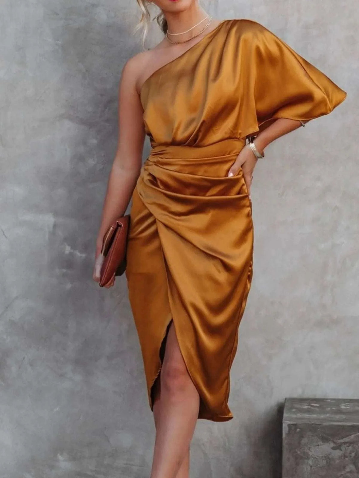 One-Shoulder Satin Wrap Dress with Side Slit WESTCLOSET