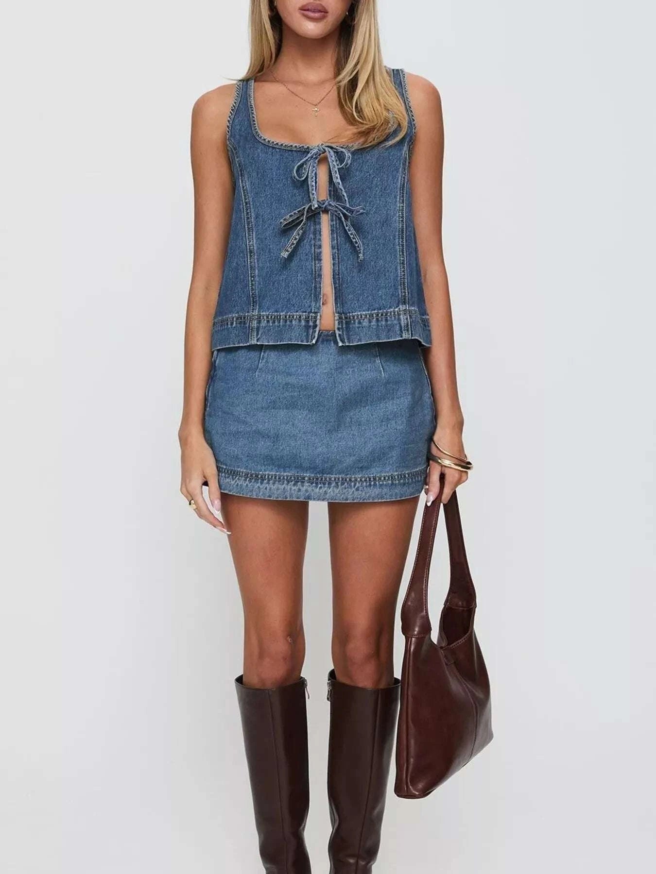 Tie-Front Tank and Skirt Denim Set WESTCLOSET