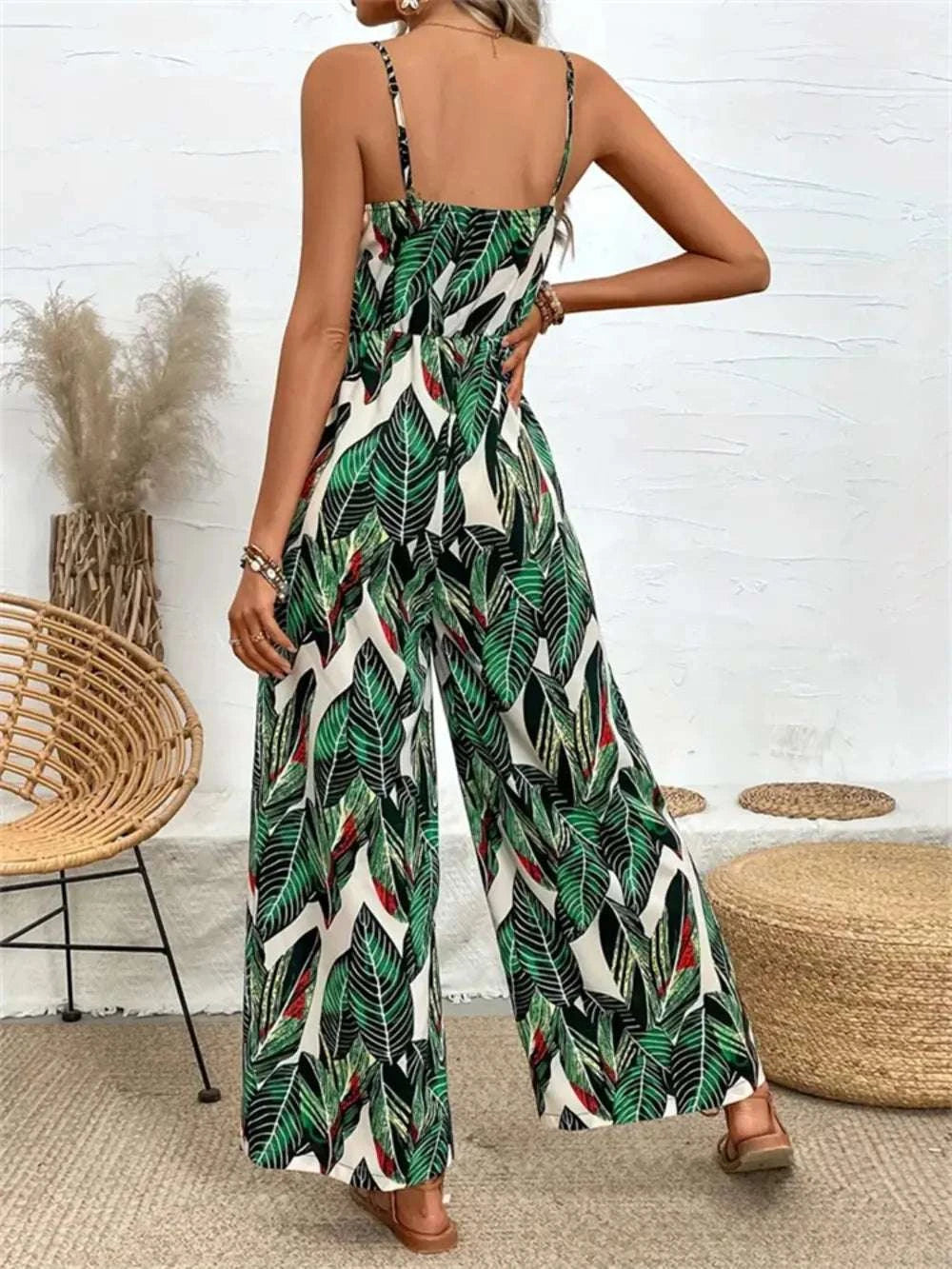 Tropical Print Spaghetti Strap Wide Leg Jumpsuit WESTCLOSET
