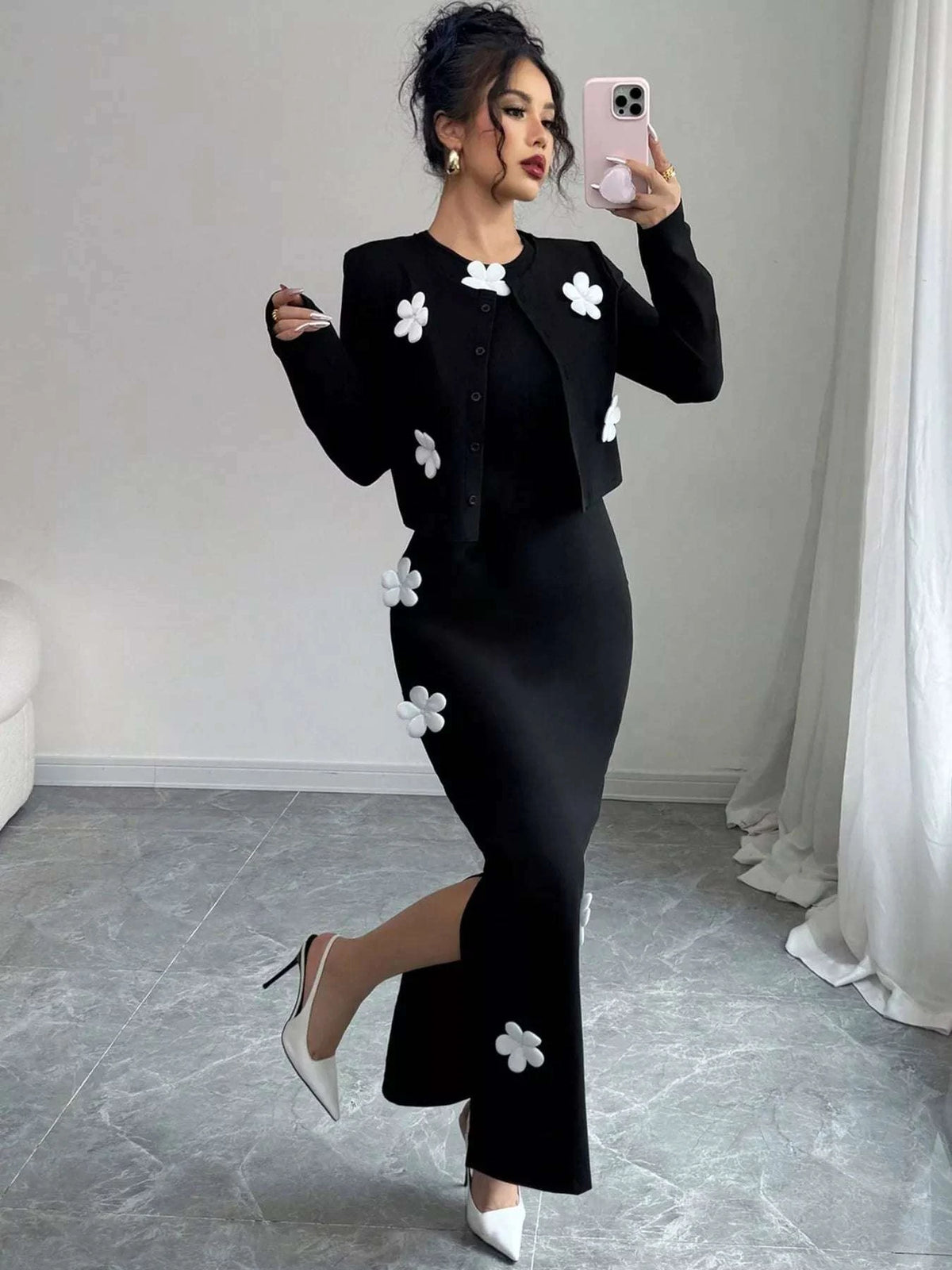 Floral Applique Cardigan & Bodycon Dress Set WESTCLOSET