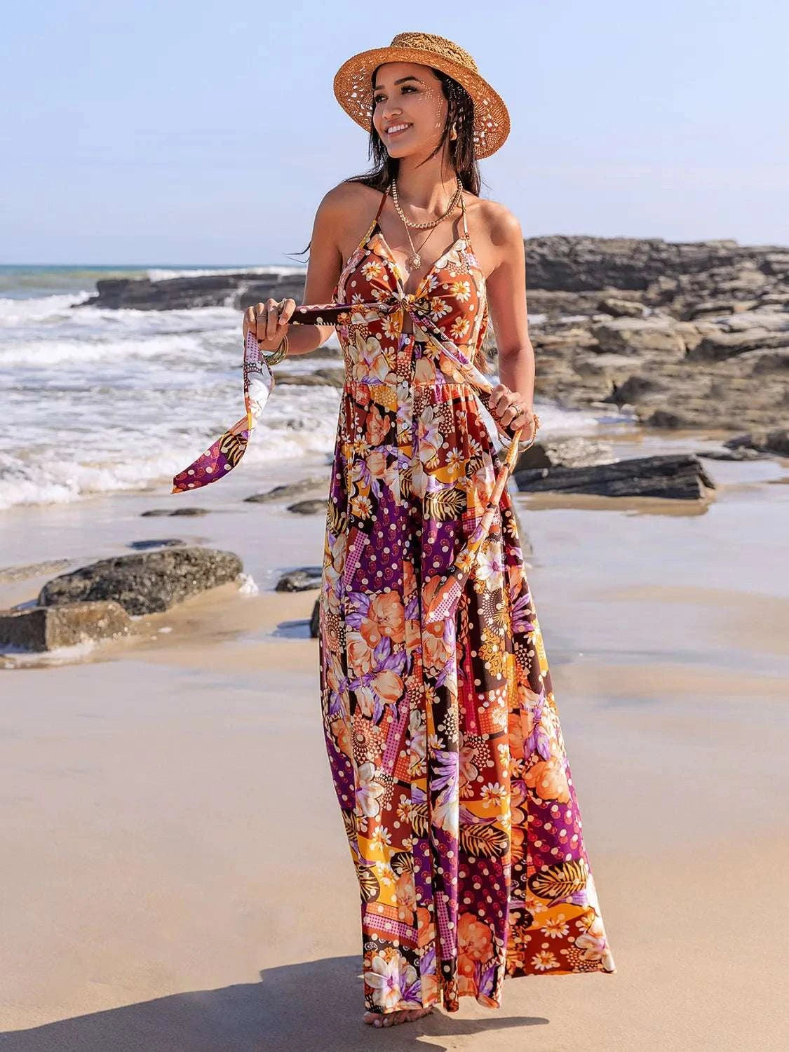 Slit Printed Halter Neck Cami Dress WESTCLOSET