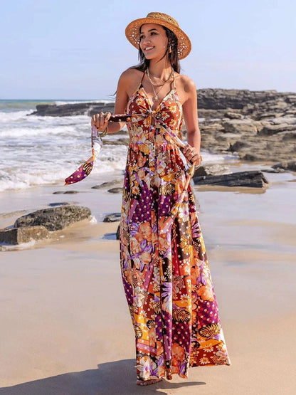 Slit Printed Halter Neck Cami Dress WESTCLOSET