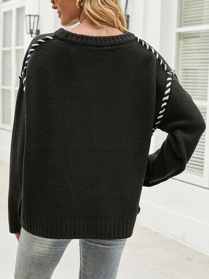 Contrast Round Neck Drop Shoulder Knit Top