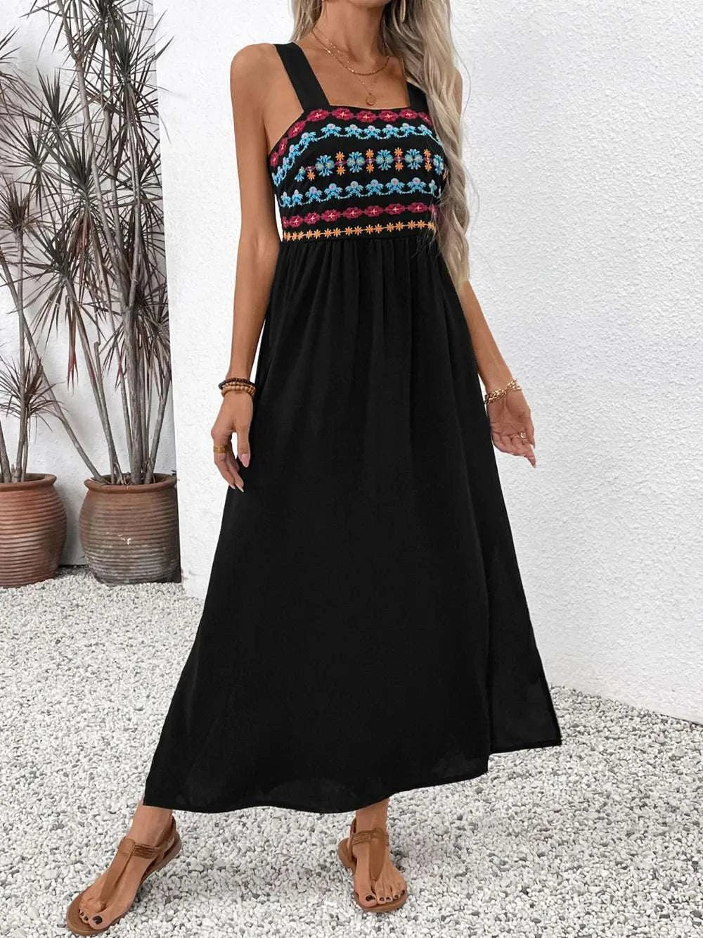 Perfee Embroidered Floral Side Slit Sleeveless Midi Dress WESTCLOSET