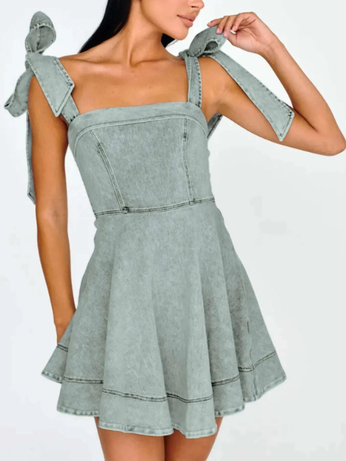 Bow-Shoulder Square Neck Denim Mini Dress WESTCLOSET