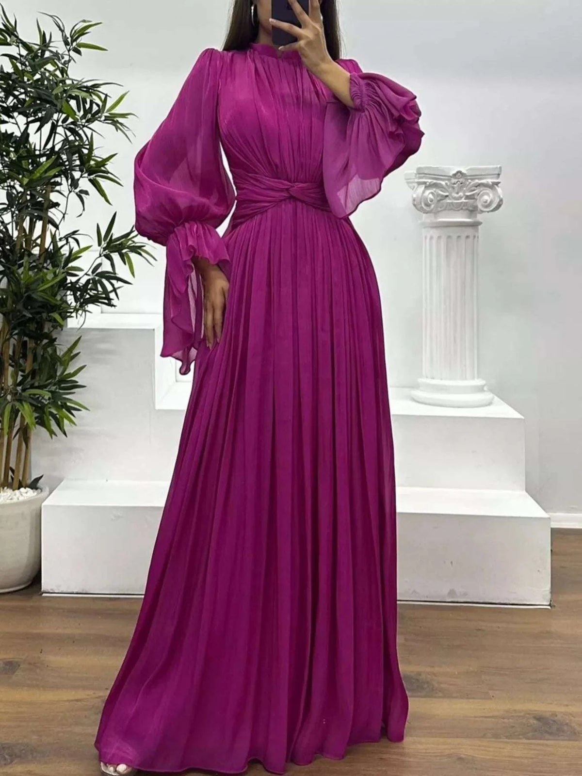 Pleated Mock Neck Long Sleeve Maxi Dress WESTCLOSET