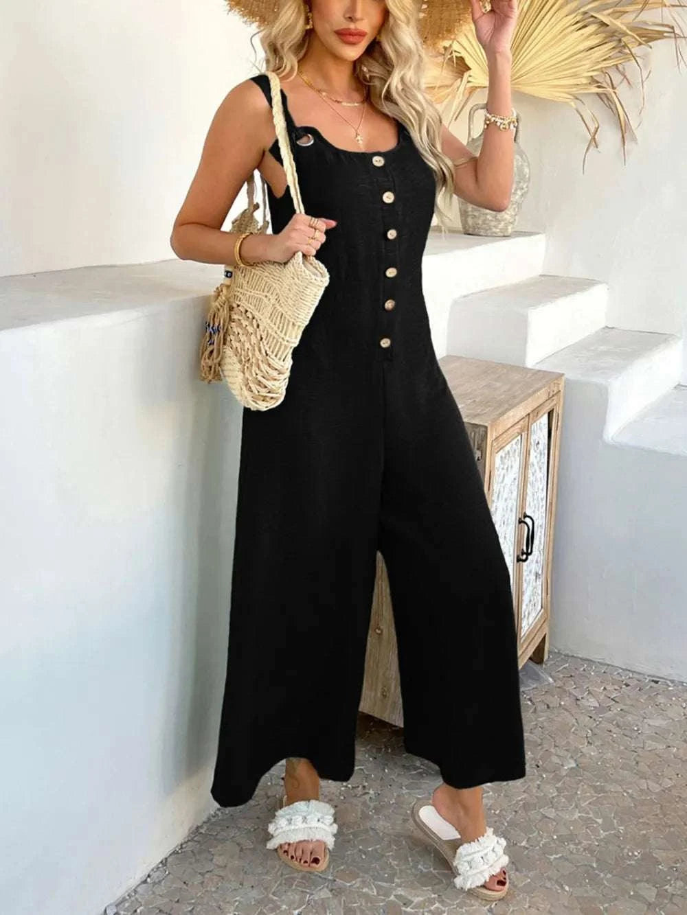 Devine Button Front Knotted Strap Wide Leg Jumpsuit WESTCLOSET
