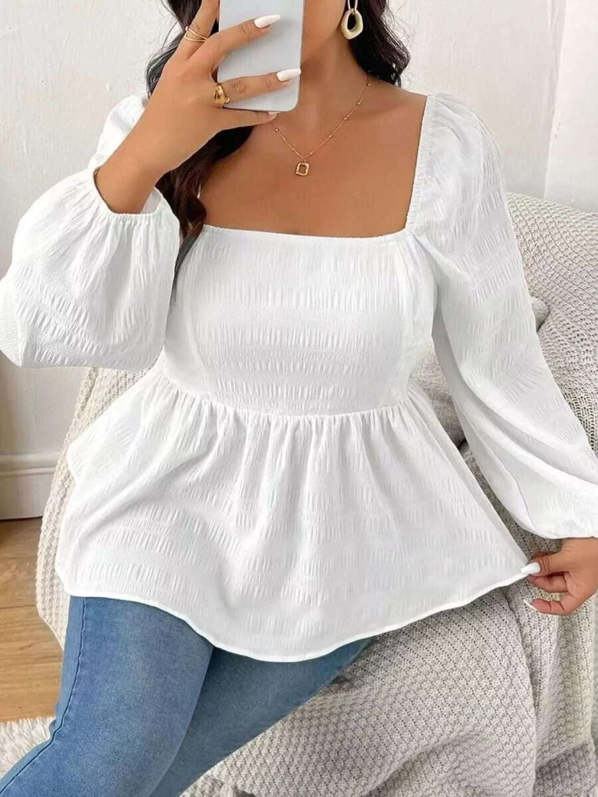 Plus Size Square Neck Long Sleeve Peplum Blouse WESTCLOSET
