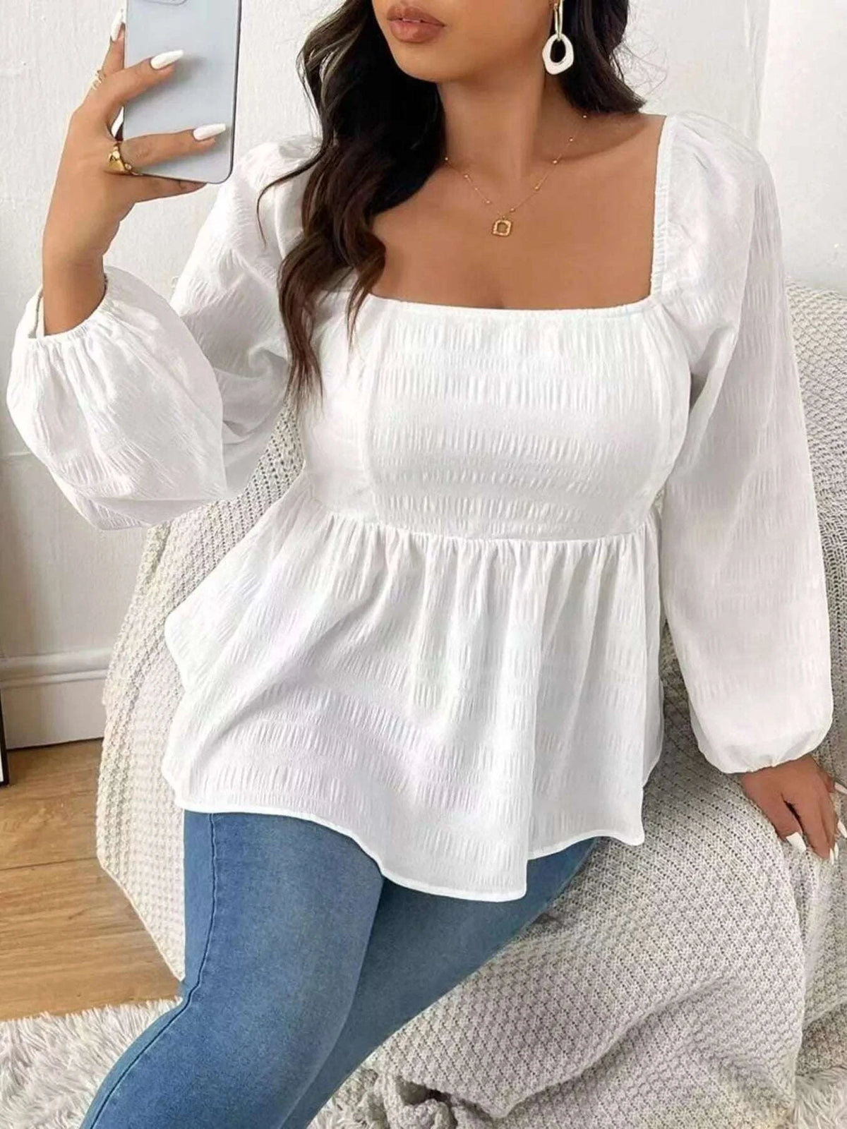 Plus Size Square Neck Long Sleeve Peplum Blouse WESTCLOSET